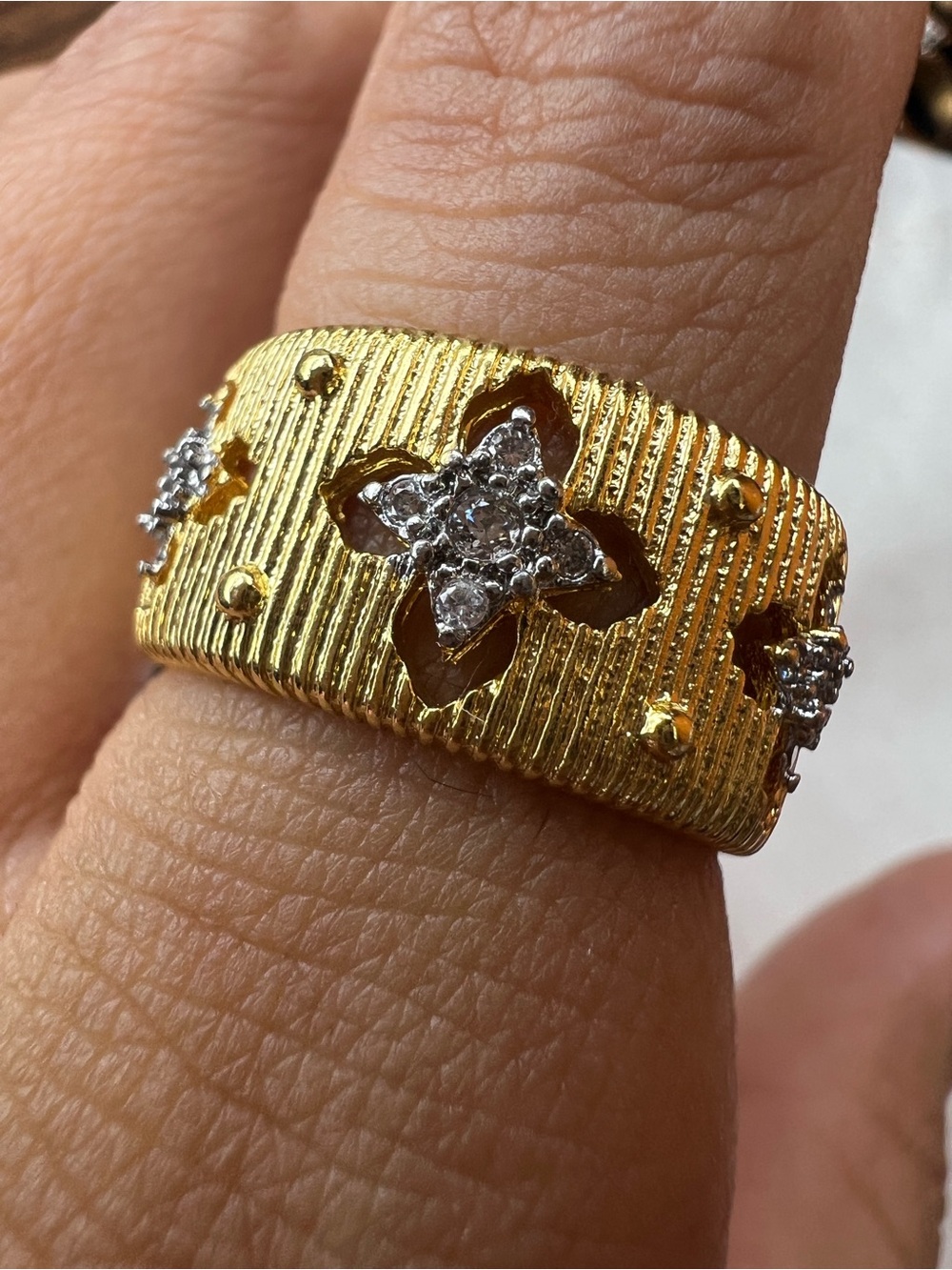 Gold-Tone Floral Pavé Ring with Clear CZ NWOT